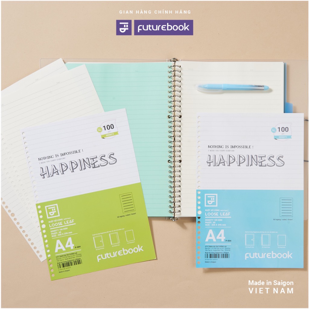 Giấy Refill ruột sổ còng Binder Happiness A4 30 chấu dòng kẻ caro kẻ ngang, làm sổ tay Planner, văn phòng phẩm FUTUREBOOK