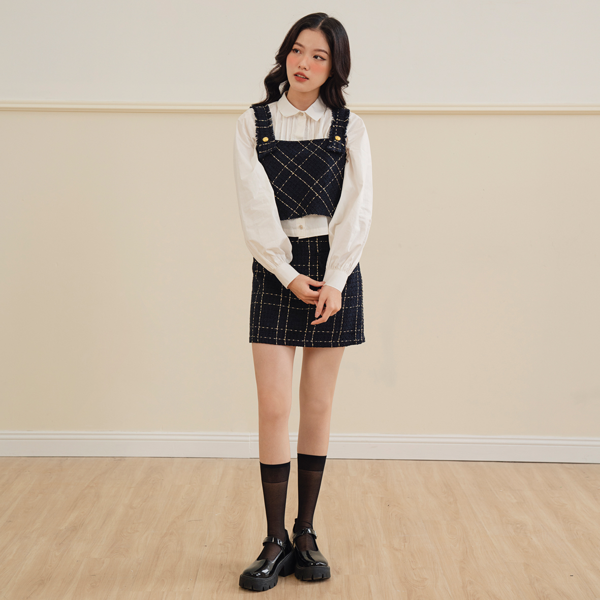 Bleubird set gồm áo sơ mi, áo và chân váy tweed emmy set