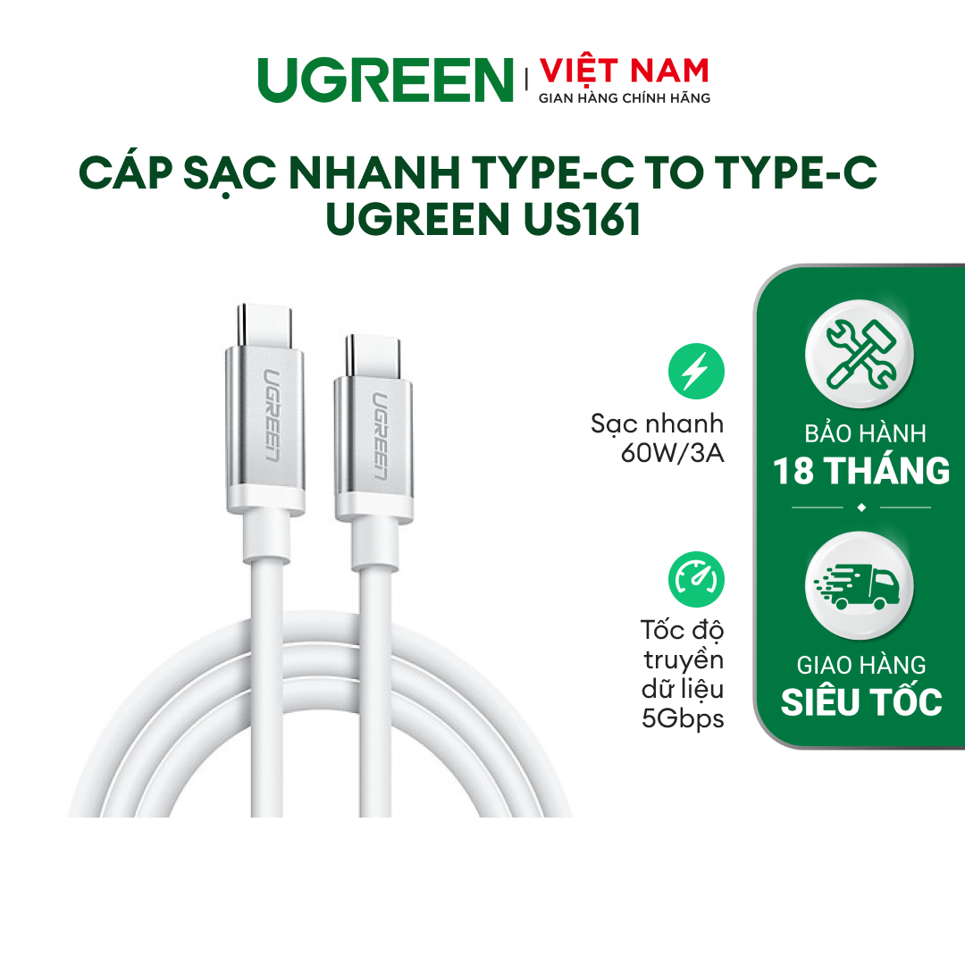Cáp sạc nhanh USB Type C 3.1 UGREEN US161 | Tốc độ truyền dữ liệu 5Gbps | Sạc nhanh PD 60W, QC3.0, 3A | Bảo hành 18 tháng 1 đổi 1