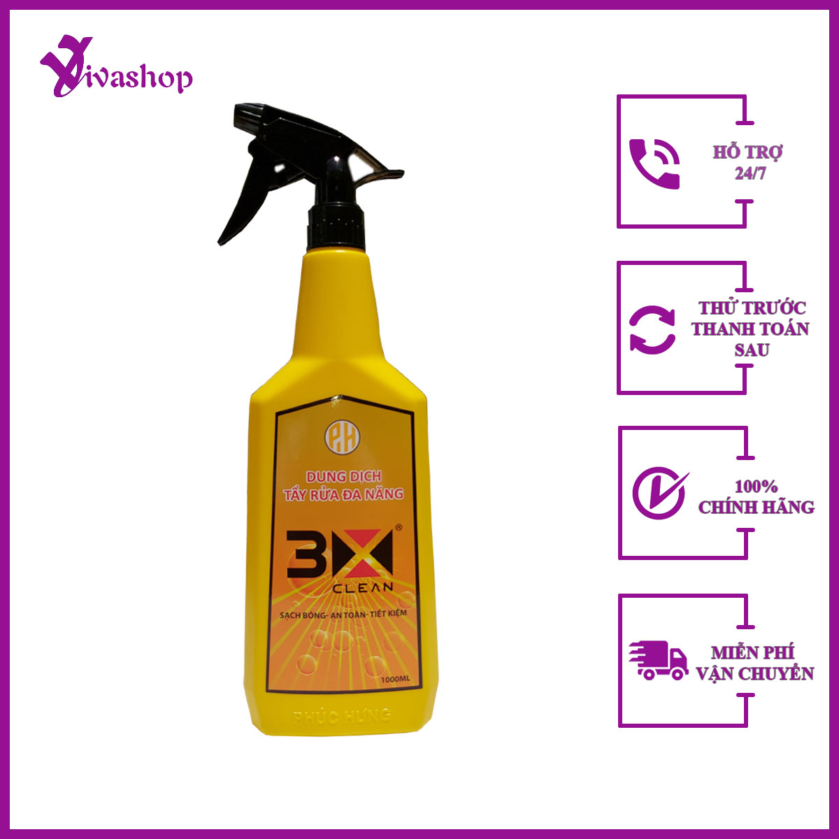 Dung Dịch Nước Tẩy Rửa Ô Tô, Xe Máy Đa Năng  3xClean 1000ml,Tẩy Rửa Dầu Nhớt, Làm Sạch Lốp Xe, Yên Xe, inox, Kính