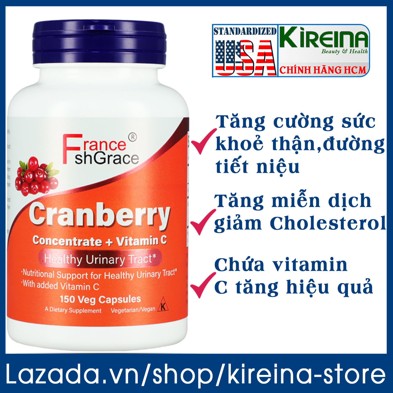Viên uống Cranberry Nam việt quất hỗ trợ sức khỏe thận đường tiết niệu và bàng quang 150 viên