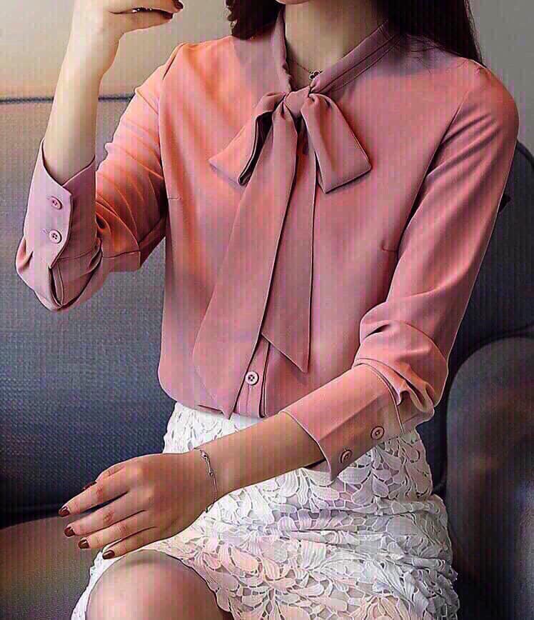 Áo sơ mi nữ 💖 Áo sơ mi nữ kiểu dài tay, tay áo măng sét 2 khuy, cổ áo thắt nơ siêu xinh