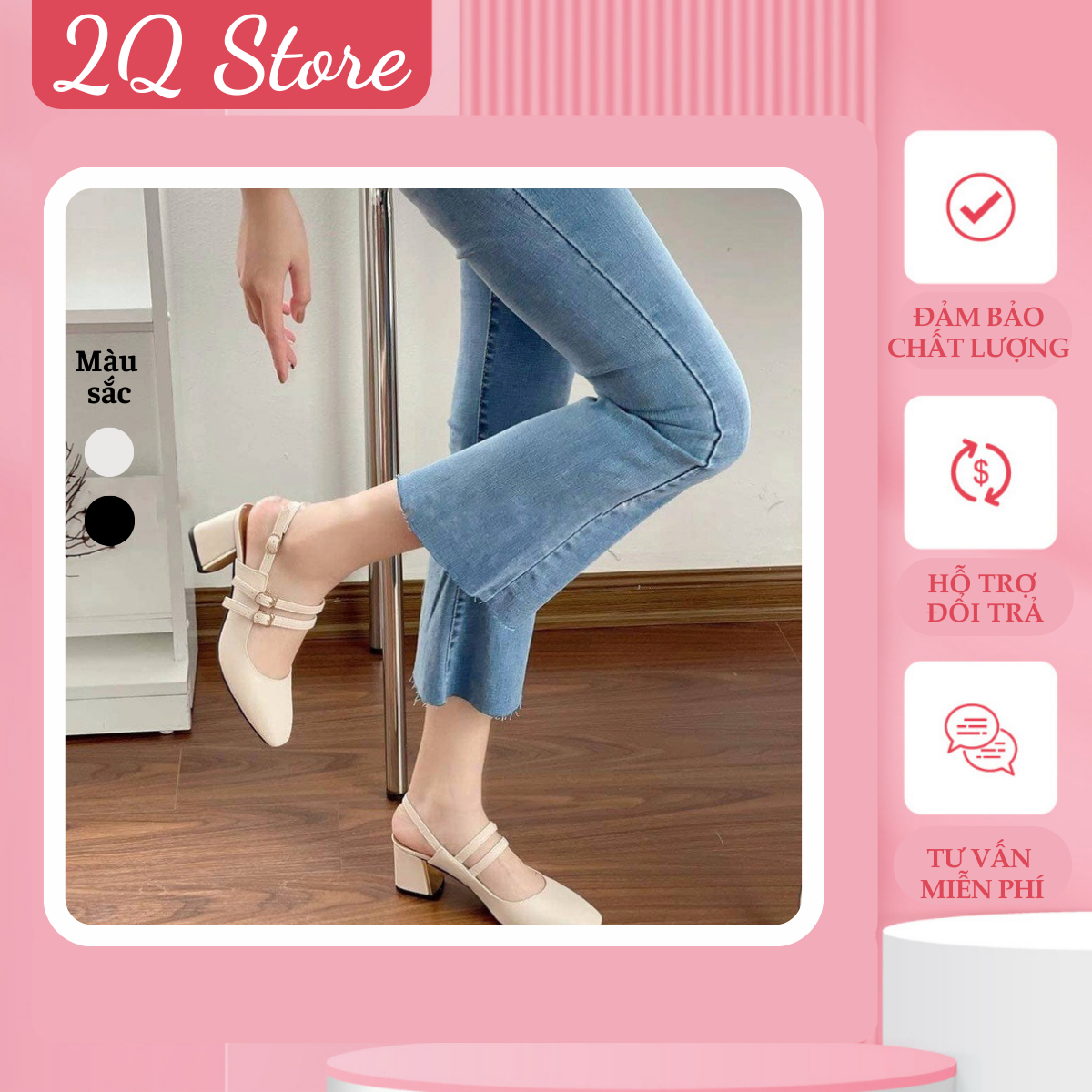 Cao gót 5 phân, sandal nữ dép nữ 2 dây gót phối bạc cao cấp