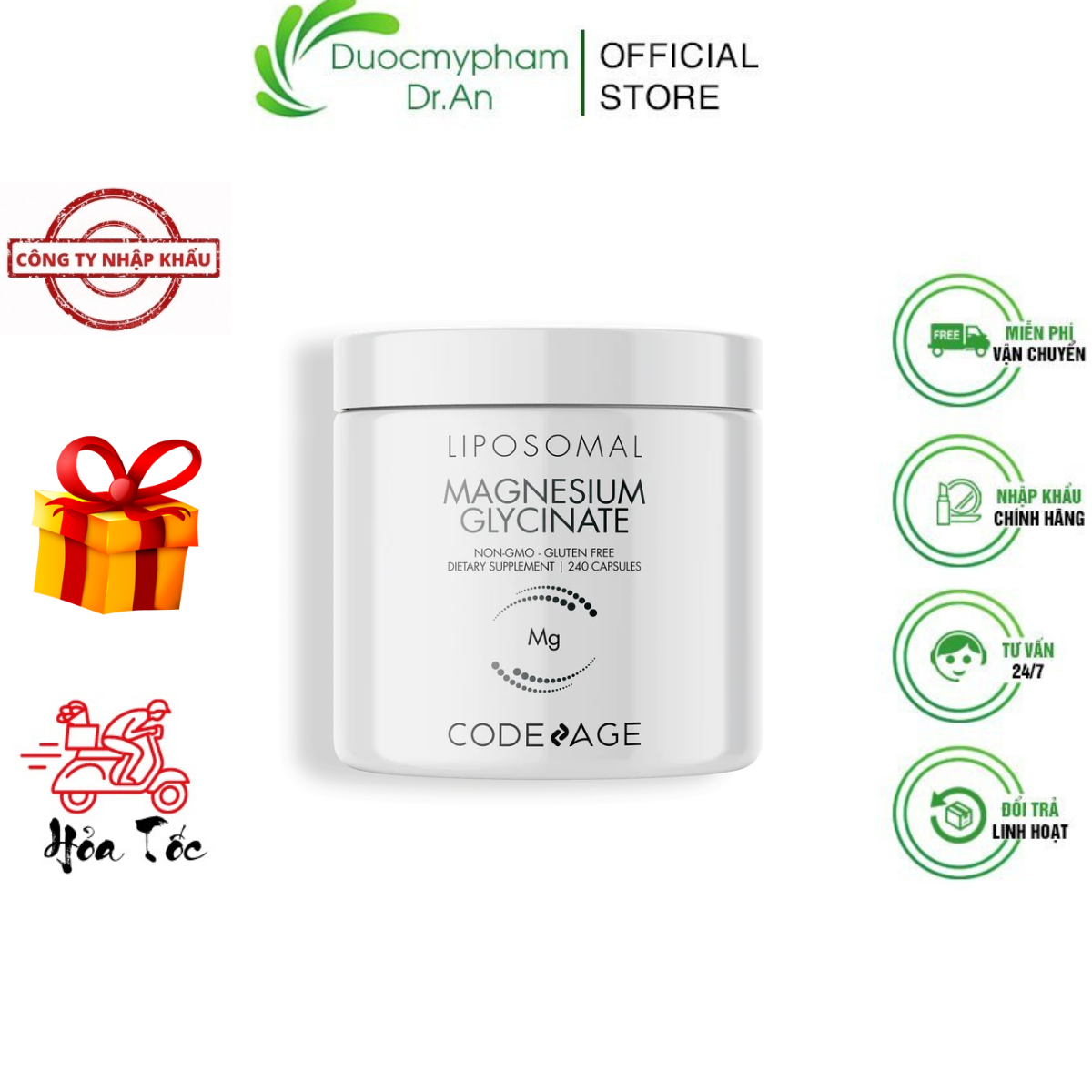 Viên uống Code Age Magnesium bổ sung Magiê CodeAge Liposomal Magnesium Glycinate cho nam nữ người lớn tập Gym 240 Viên - DuocmyphamDrAn