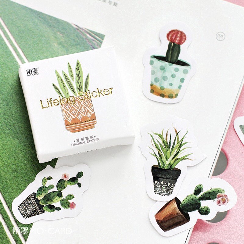 Hộp 45 miếng dán sticker trang trí in hình chậu cây, chậu hoa dễ thương