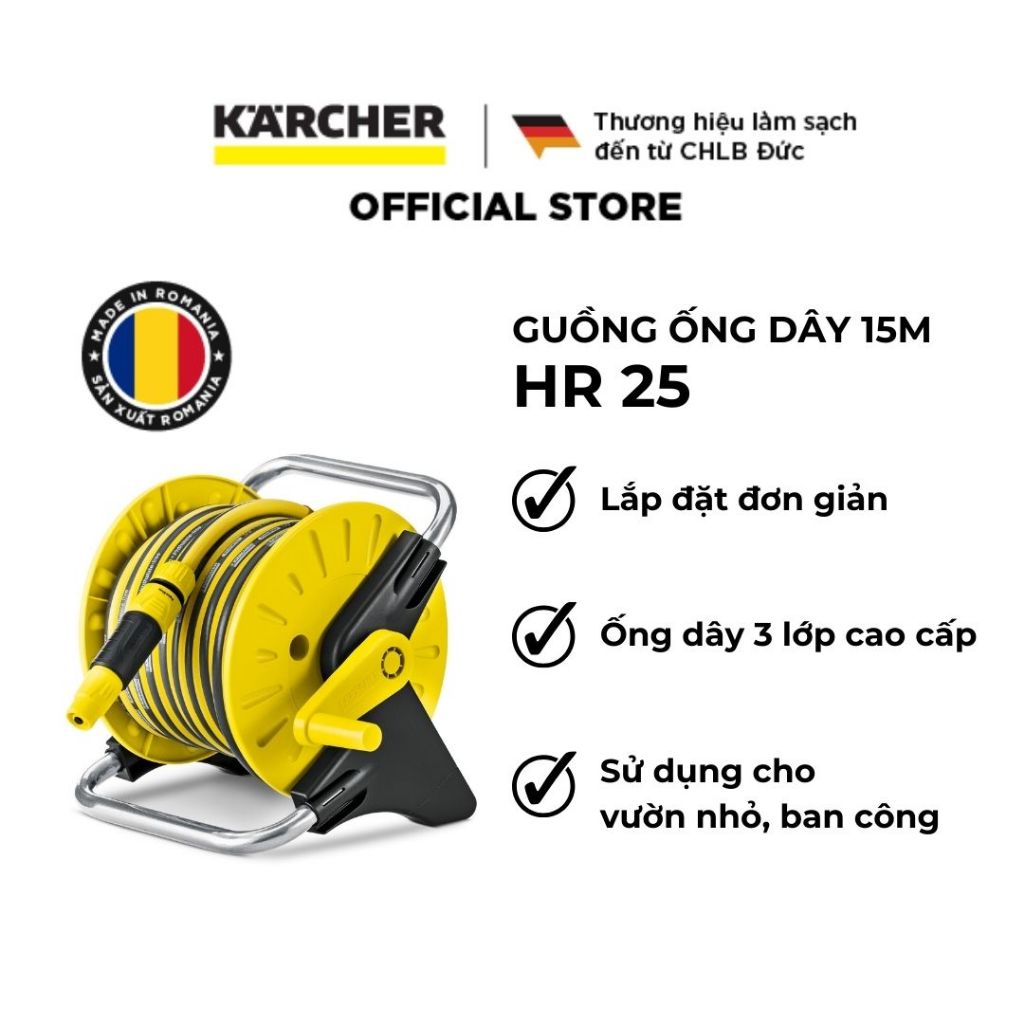 [Made in Romania] Bộ rulo cuộn ống nước 15 mét HR 25 KARCHER gồm vòi tưới, bộ 4 khớp nối ống nước, lõi thép chống dập xoắn chịu nhiệt cao, guồng ống cao cấp