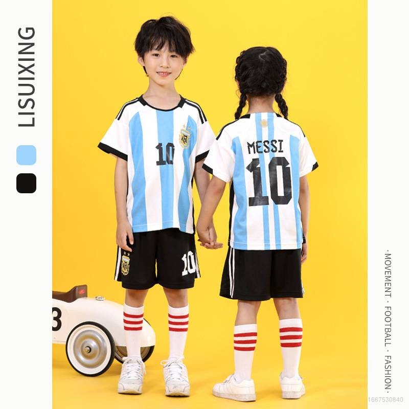 Ready Stock】Cute 22/23 Childrens Set World Cup Argentina Jersey Home Away  Messi Football Tshirt Shorts Kids Suit 