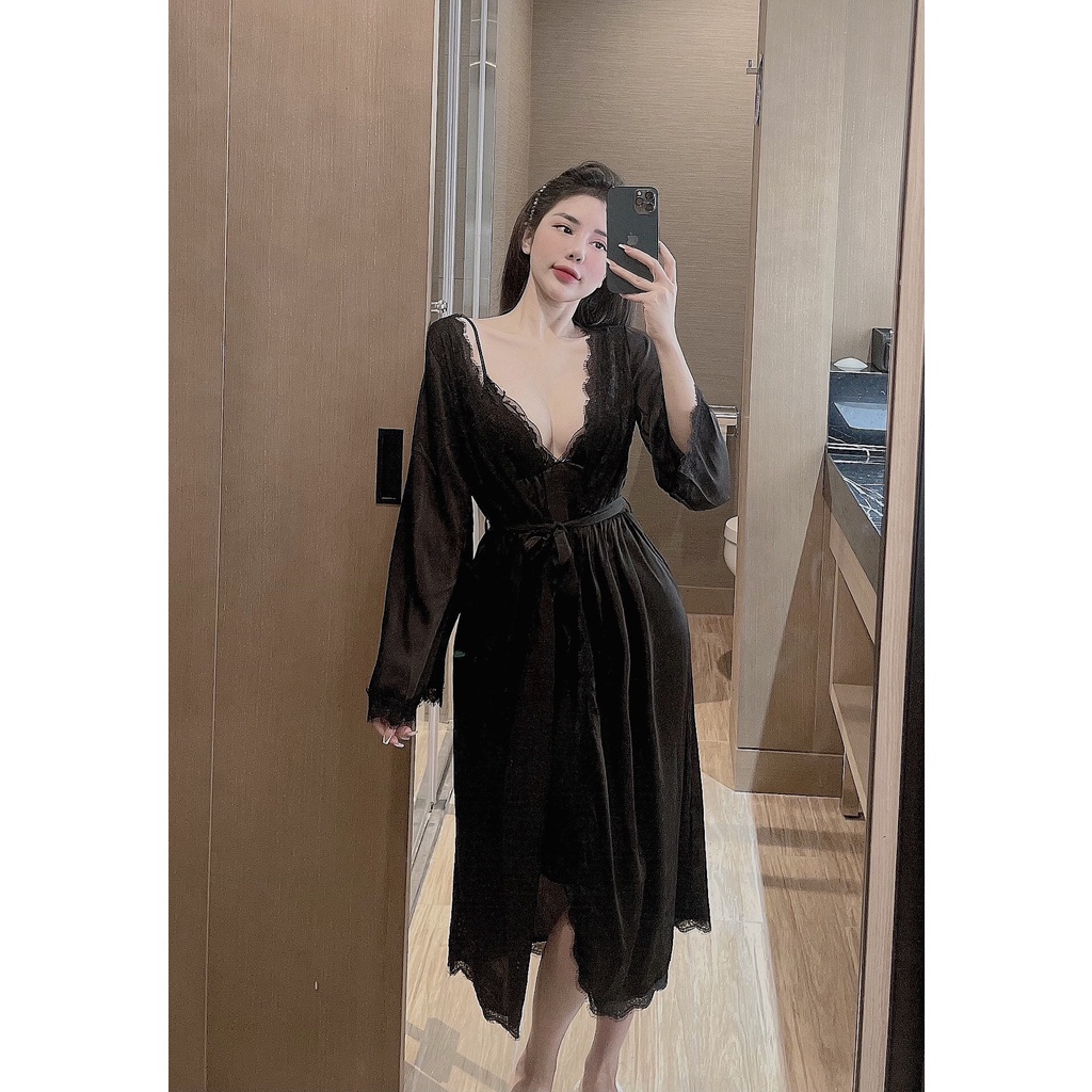 Đầm ngủ 2 dây phối ren sexy kèm áo choàng dài lụa cao cấp freesize