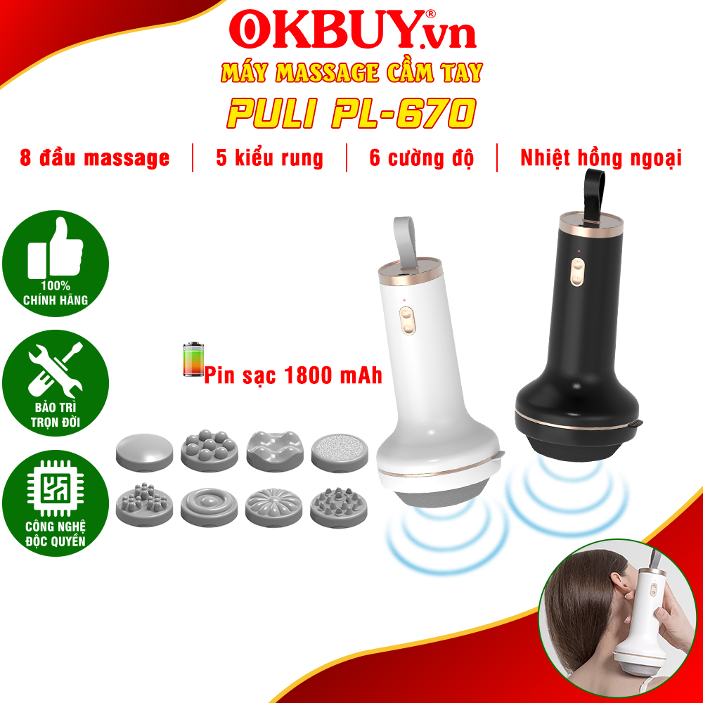 Máy massage cầm tay, máy massage bụng cầm tay, máy matxa cầm tay không dây Puli PL-670 - Dòng siêu mini có 8 đầu, 5 kiểu rung, 6 cường độ rung| OKBUY