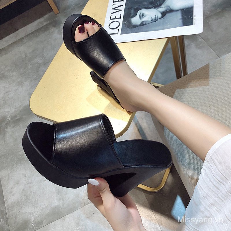 【Hàng tồn kho】Xăng đan Đế Xuồng Vuông 10cm Hở Ngón Màu Trắng Đen Size 34,35,36,37,38,39,40 Thời Trang Hàn Quốc Cho Nữ
