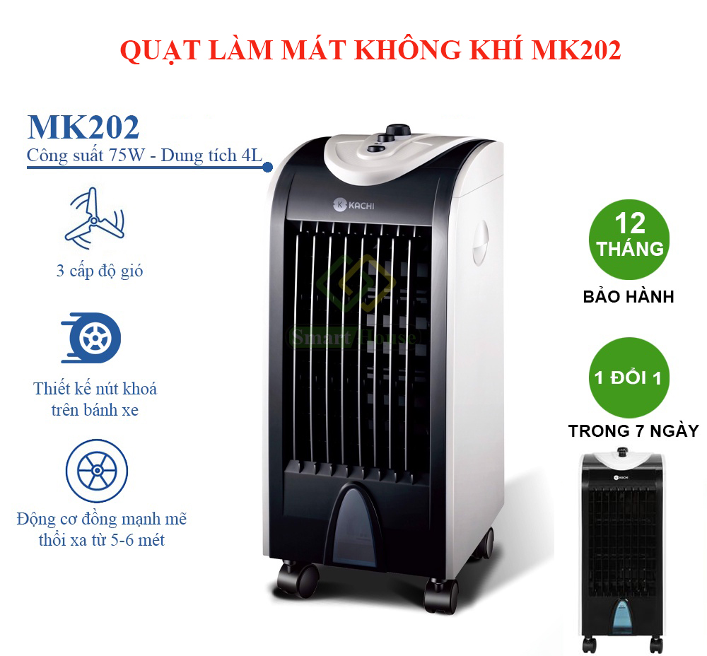 Quạt điều hòa không khí - quạt hơi - quạt làm mát không khí kachi mk202 – công xuất 75w,dung tích 4 lít,quạt có 3 tốc độ gió,vận hành êm ái,không gây tiếng ồn lớn,quạt có bánh xe di chuyển tiện lợi.bảo hành 12 tháng