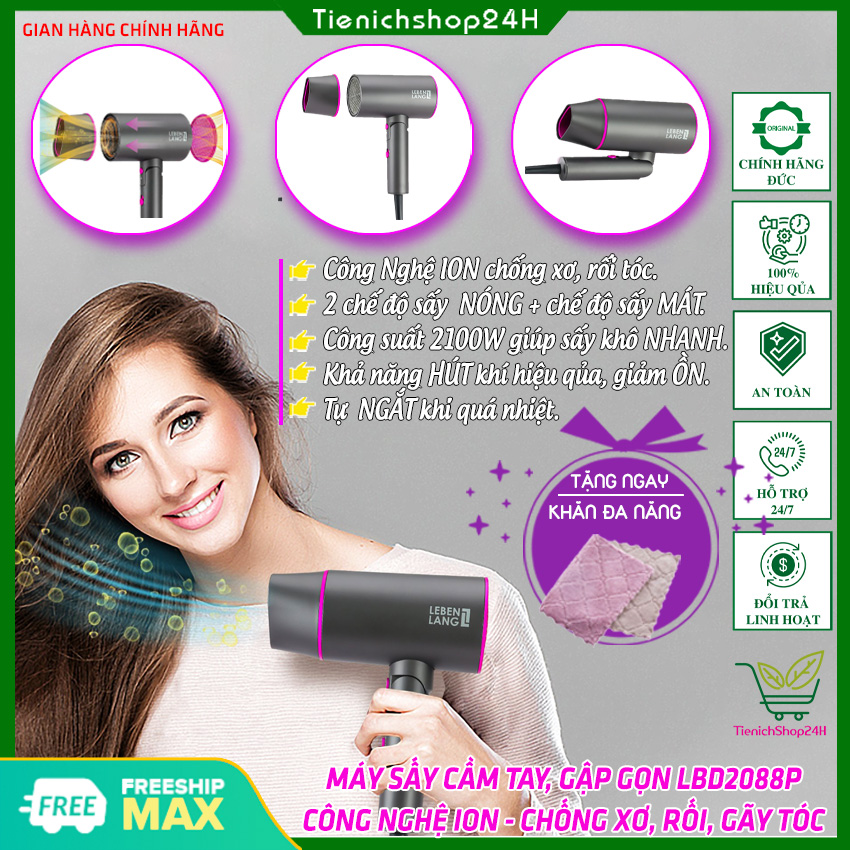 Máy sấy tóc công nghệ ion gấp gọn, 2 chiều nóng lạnh lebenlang lbh3088p 2100w