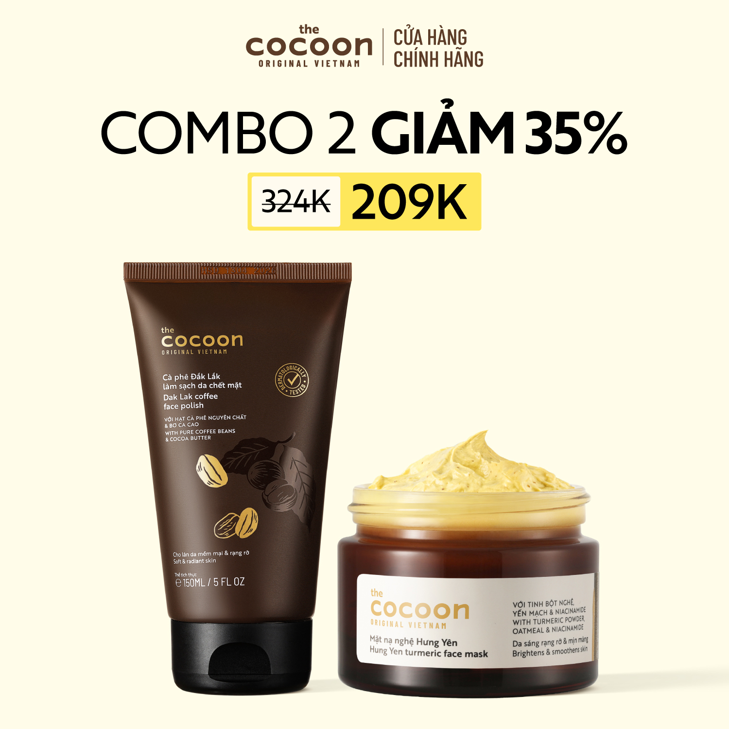 COMBO 1 Tẩy da chết mặt cà phê Đắk Lắk Cocoon cho làn da mềm mại  rạng rỡ 150ml + 1 Mặt nạ nghệ Hưng Yên 30ml