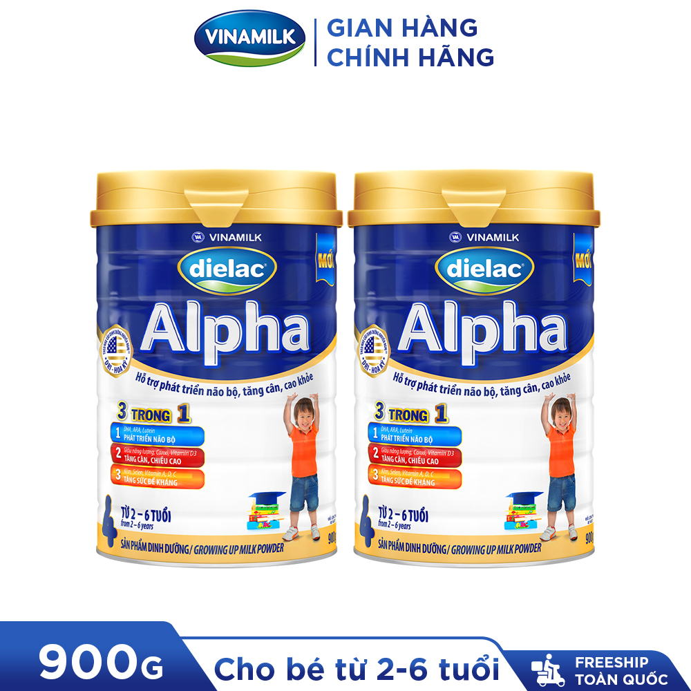 2 Hộp Sữa bột Vinamilk Dielac Alpha 4 - Hộp thiếc 900g (cho trẻ từ 2- 6 tuổi) - Sữa công thức 3 trong 1 hỗ trợ phát triển não bộ, tăng cân chiều cao, tăng sức đề kháng