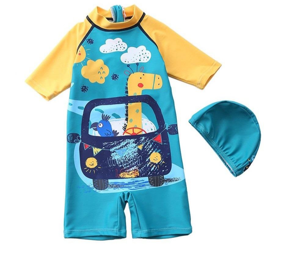 Set bơi liền chống nắng kèm mũ cho bé trai hình ô tô
