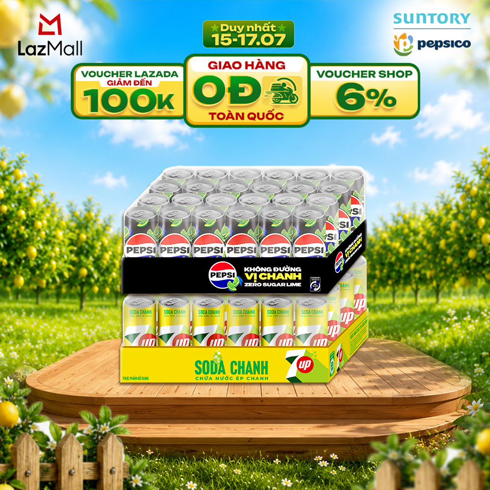 [SALE 15.7] Combo 2 Thùng 24 Lon Pepsi Vị Chanh Không Calo và 7UP Soda Chanh Không Calo, Không Đường (320ml/lon)