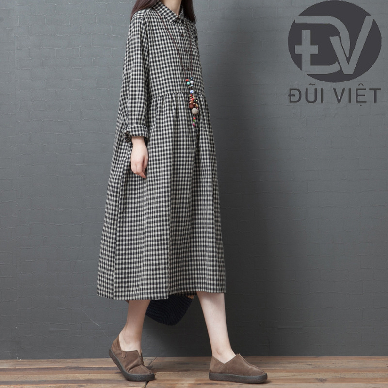 Váy sơ mi dáng dài thắt eo dài tay phong cách Retro, Đầm sơ mi kẻ sọc caro Thời Trang Thu Đông Đũi Việt