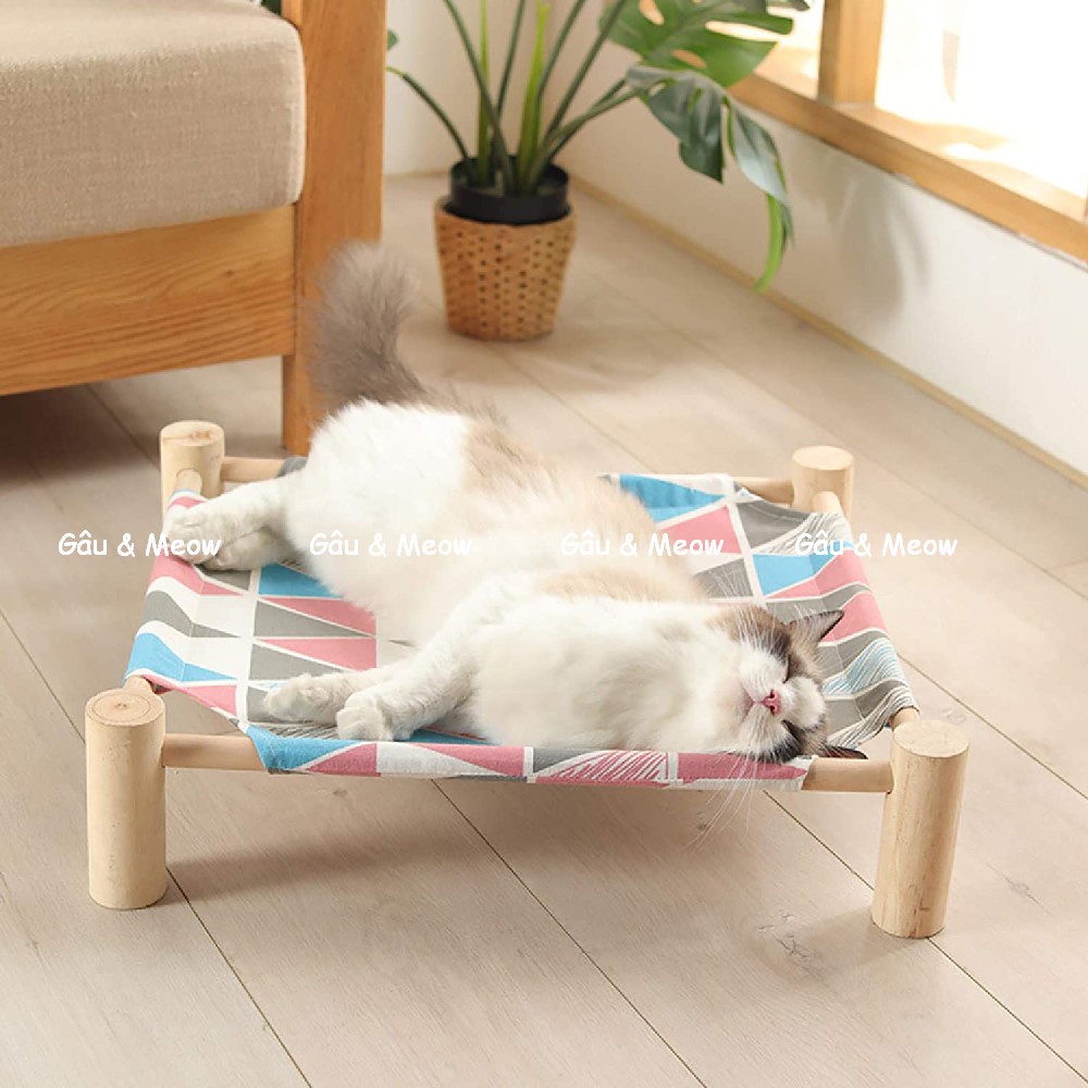 Gauvameow Giường nằm cho chó mèo cưng võng nằm 4 chân gỗ tháo ra giặt dễ dàng