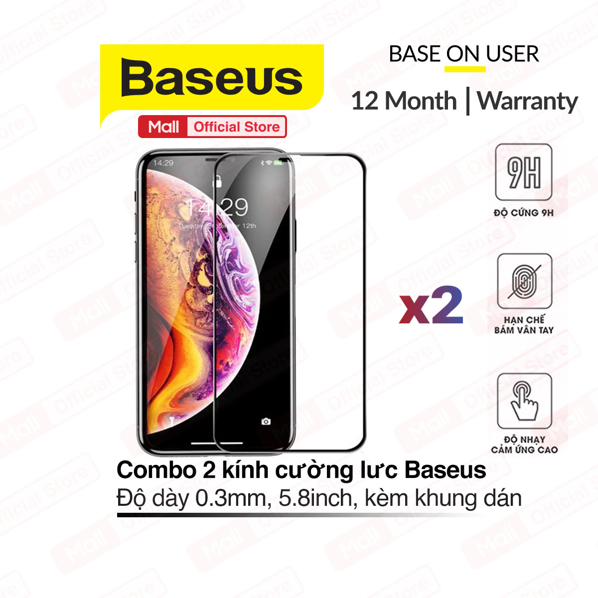 Bộ 2 kính cường lực Baseus 5.8inch dành cho iPhone X/Xs/11pro độ dày 0.3mm, độ cứng 9H, giúp hạn chế bám vân tay, cảm ứng mượt, tặng kèm khung dán