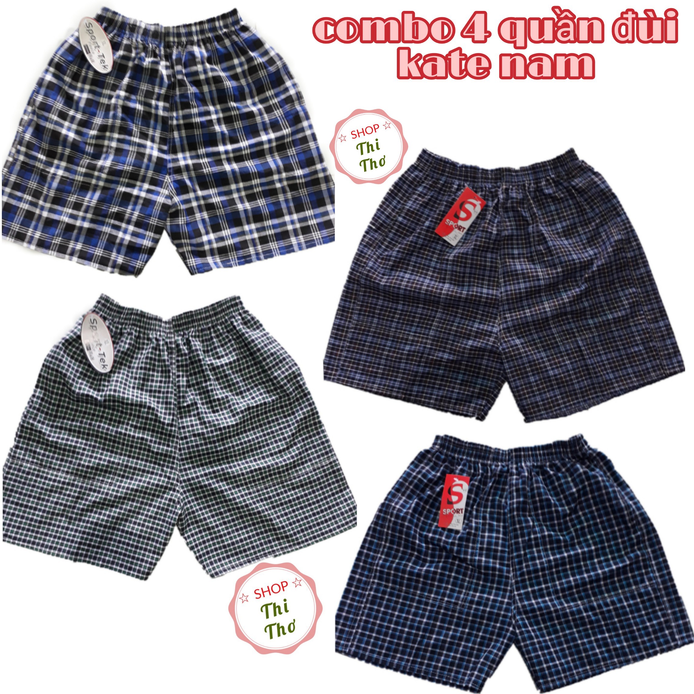 Combo 4 quần đùi nam carô vải katê chất mát bền đẹp