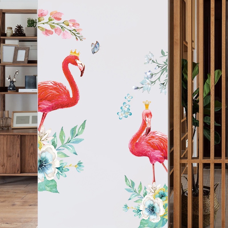 Decal tranh dán tường đôi hạc hồng dán đối nhau