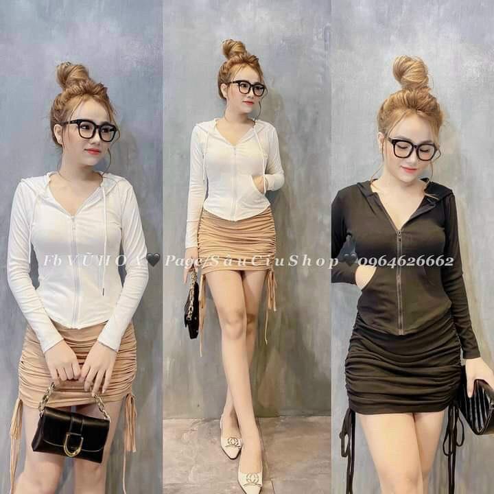 Set áo dây kéo có nón chân váy ôm body rút dây hai bên chất thun borip xịn xò m0071
