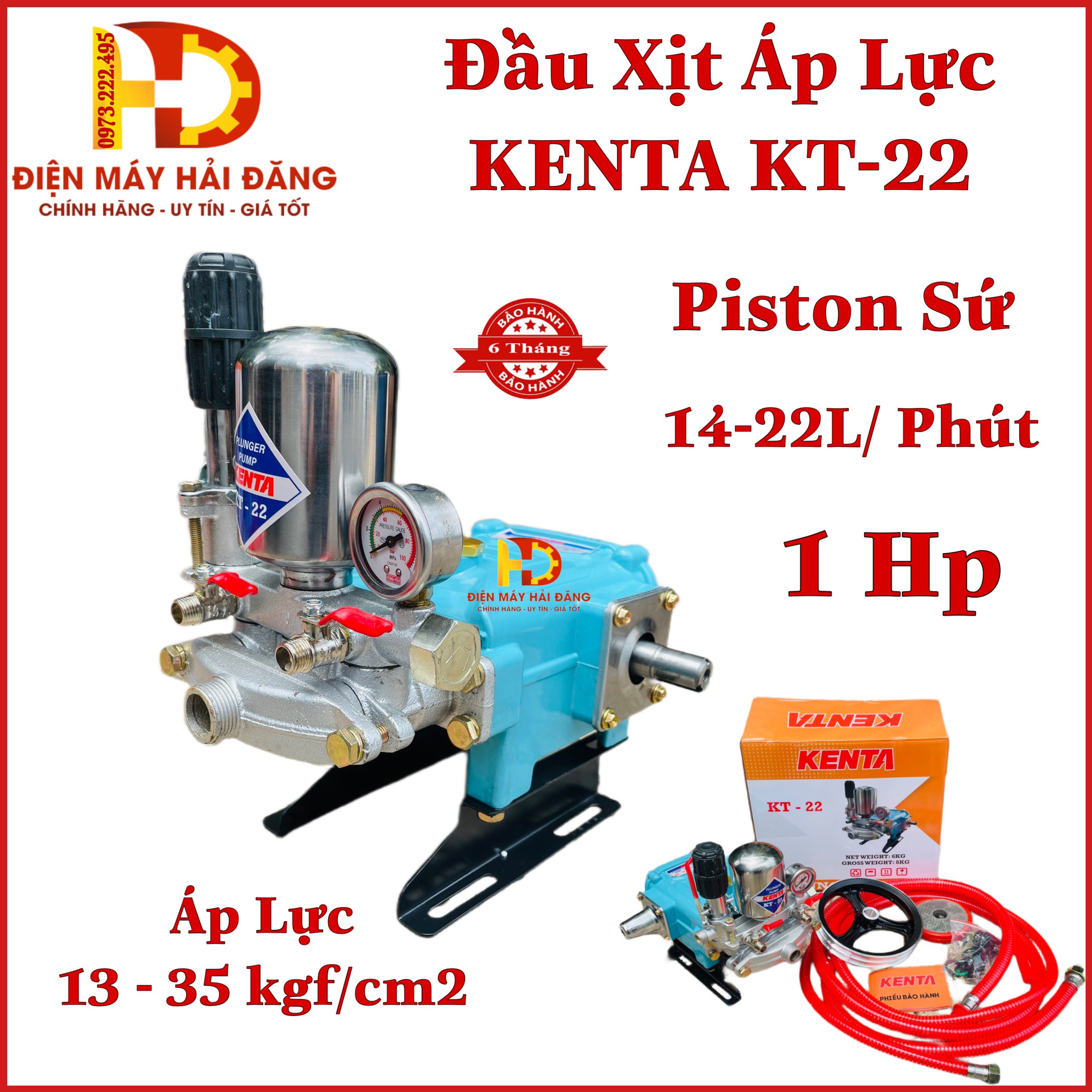 Máy phun xịt áp lực ty sứ KENTA KT-22 1HP dùng cho phun thuốc trử sâu và tưới tiêu nông nghiệp,rửa xe. BH 6T