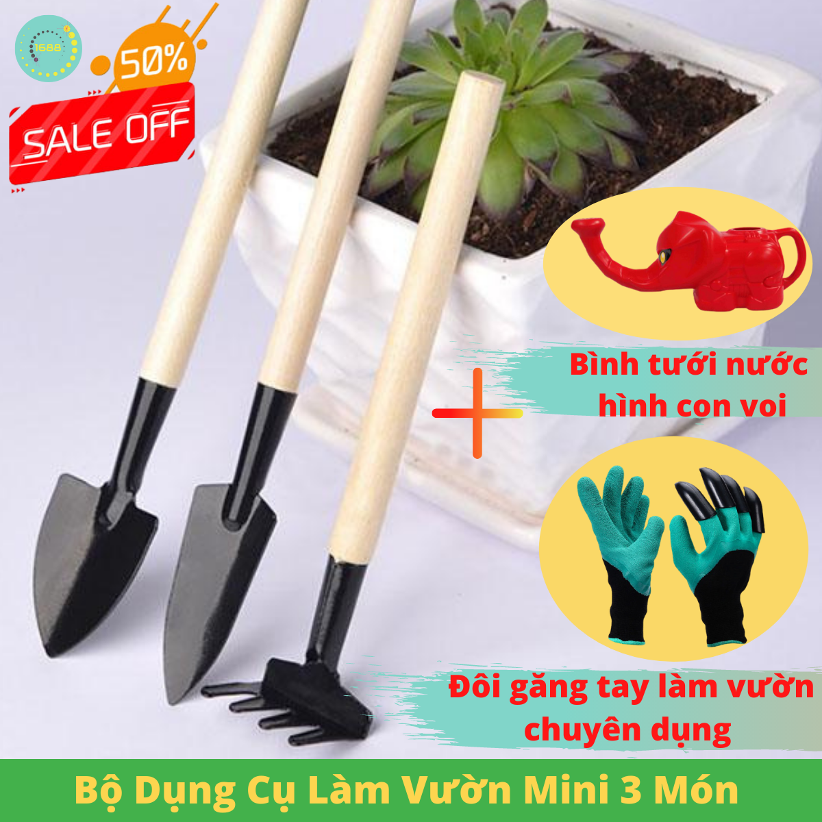 Bô Dụng Cụ Làm Vườn 3 Món Mini Tiện Dụng - Bộ Dụng Cụ Cuốc Xẻng Mini Trồng Cây Cảnh [💥 Kèm 1 Găng Tay Làm Vườn Chuyên Dụng Đa Năng + 1 Bình Tưới Nước Hình Con Voi 💥] - Bảo Hành Uy Tín 1 Đổi 1 Bởi Tổng Kho 1688