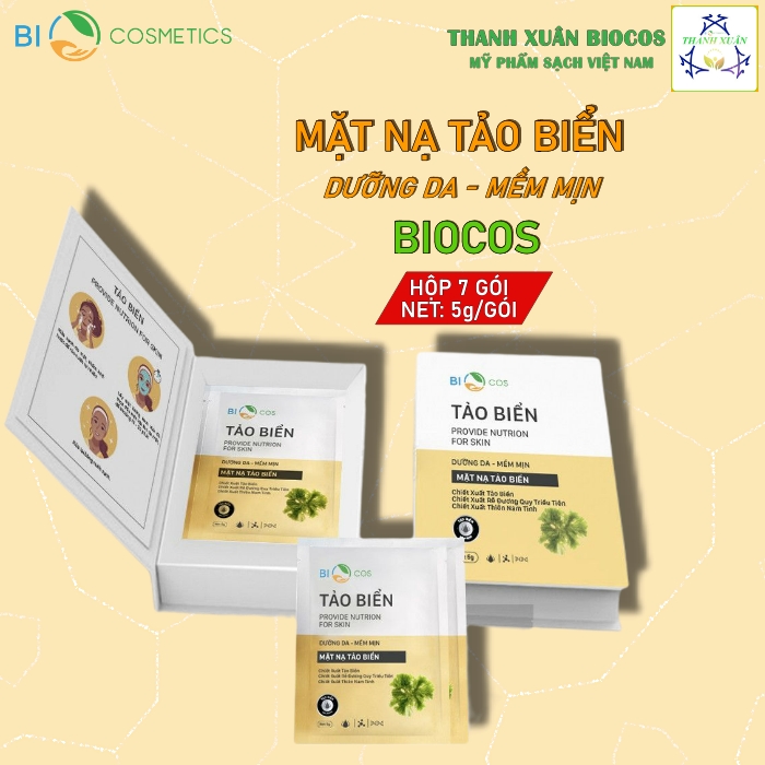 Mặt nạ tảo biển tươi biocos hộp 7 gói, đắp mặt nạ dưỡng trắng da giúp chăm sóc da, dưỡng ẩm, da mềm mịn, chống lão hóa.