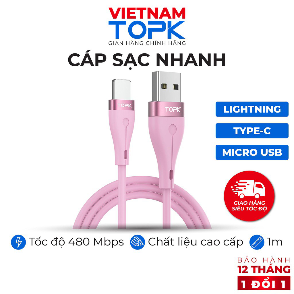 [GIẢM 30%] Dây sạc iPhone / Type-C/ Micro USB TOPK AN46 - Vỏ TPE silicone dẻo chống đứt gãy - Hàng phân phối chính hãng - Bảo hành 12 tháng