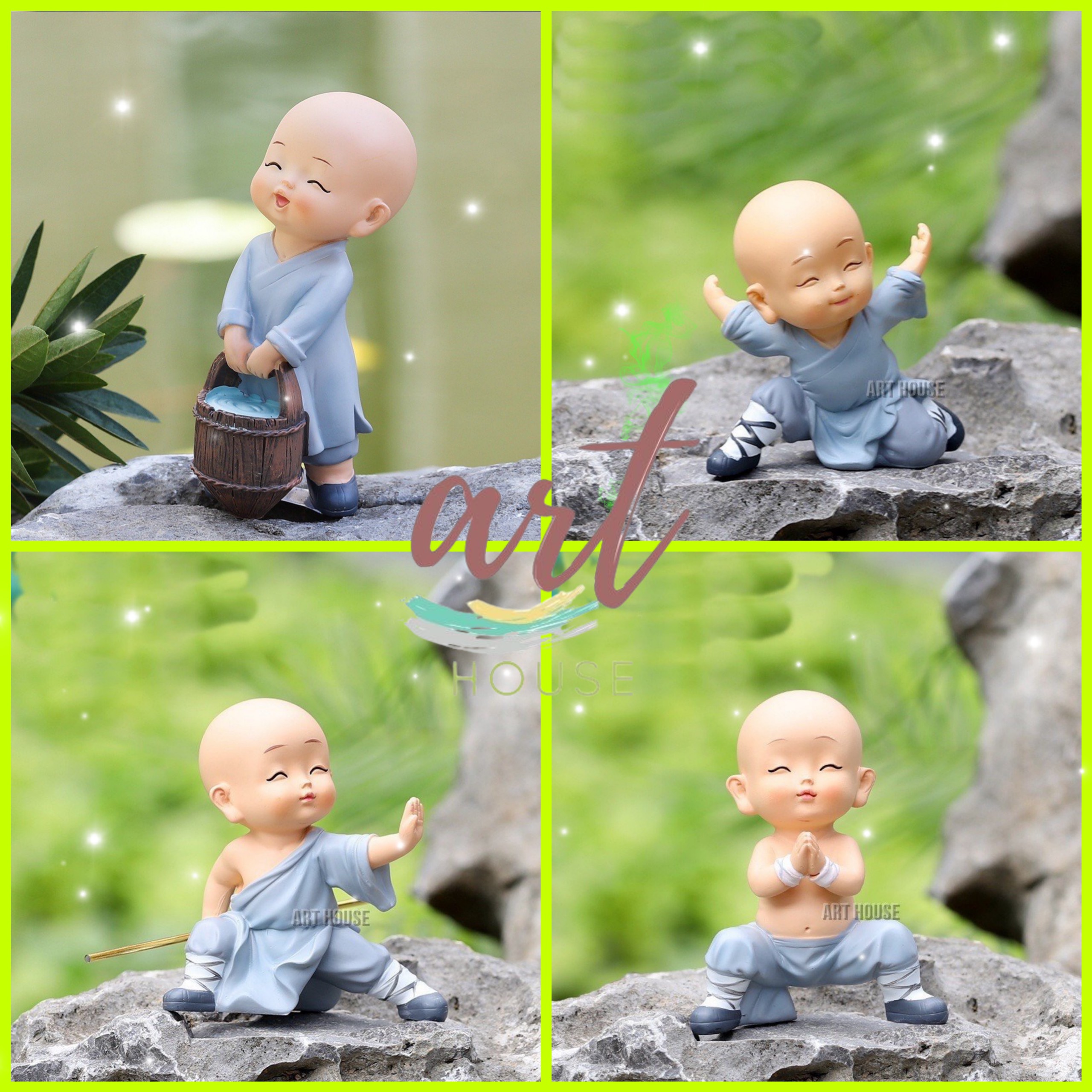 Tượng mô hình trang trí chú tiểu áo xanh làm việc, ca hát, yêu đời