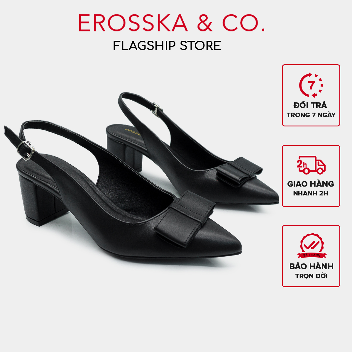 Erosska - Giày cao gót mũi nhọn phối quai đính nơ cao 5cm màu đen - EH034