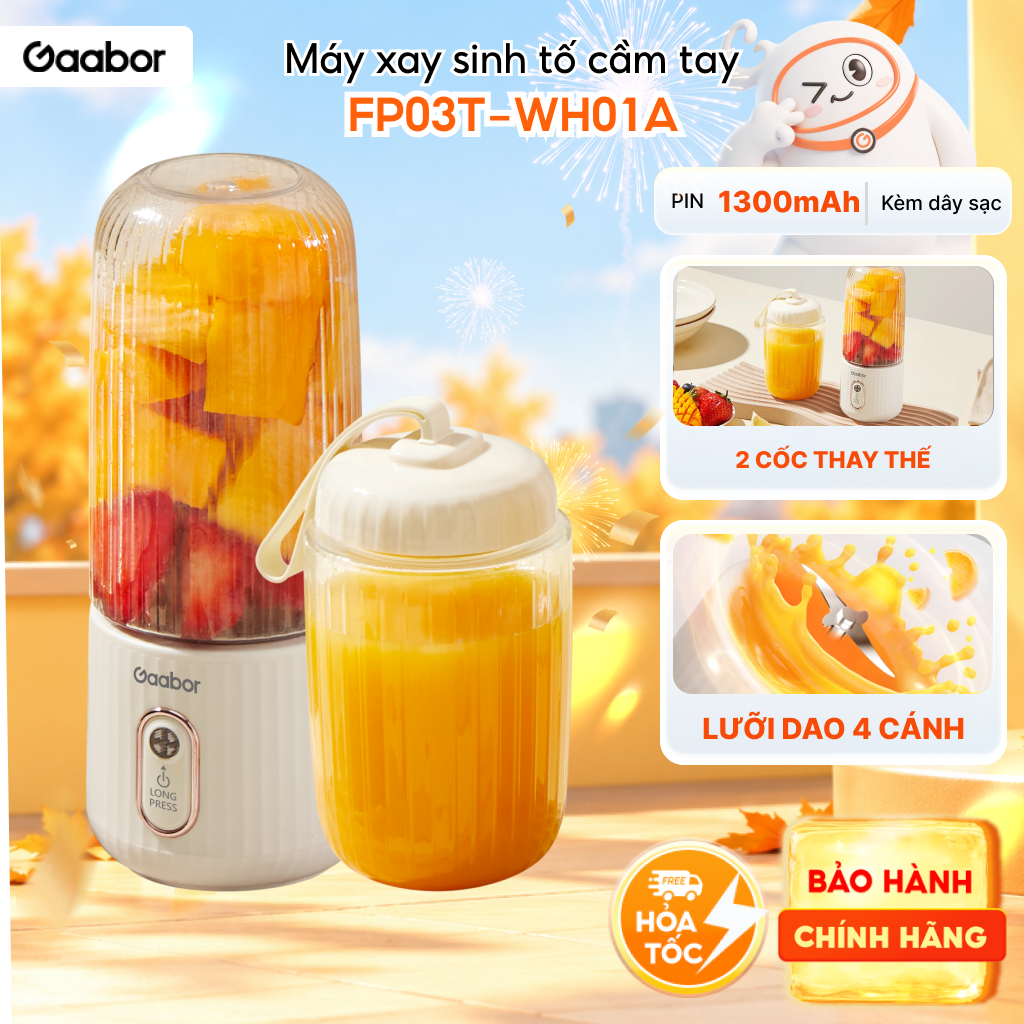 Nâng cấp - Cốc xay sinh tố cầm tay mini Gaabor FP03T-WH01A 350ml công suất 30W ly máy xay nhỏ gọn tiện lợi tích điện cổng sạc USB kèm 2 cốc tiện lợi - Bảo hành 1 đổi 1