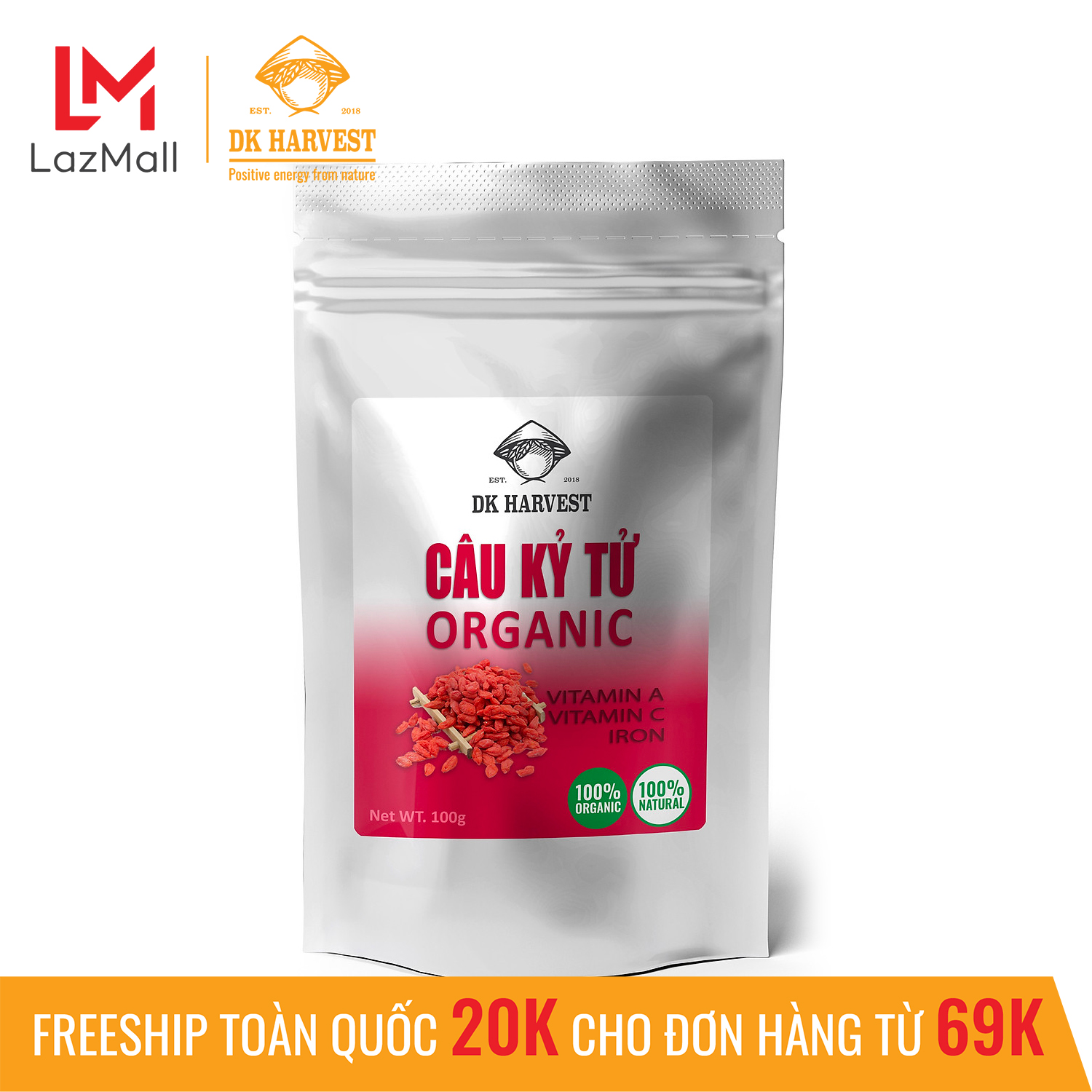 Câu Kỷ Tử Hữu Cơ DK Harvest - Organic Goji Berries - 100g