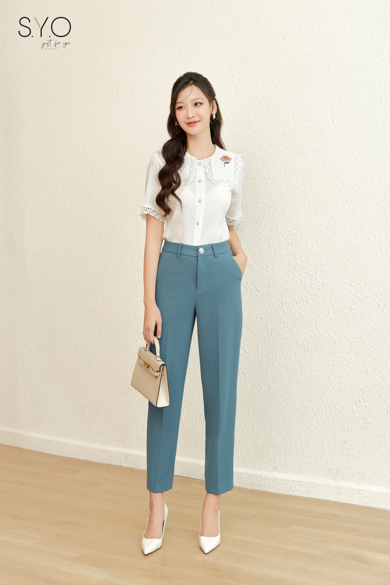 Syo-áo cổ vuông phối ren thêu hoa a1061-23