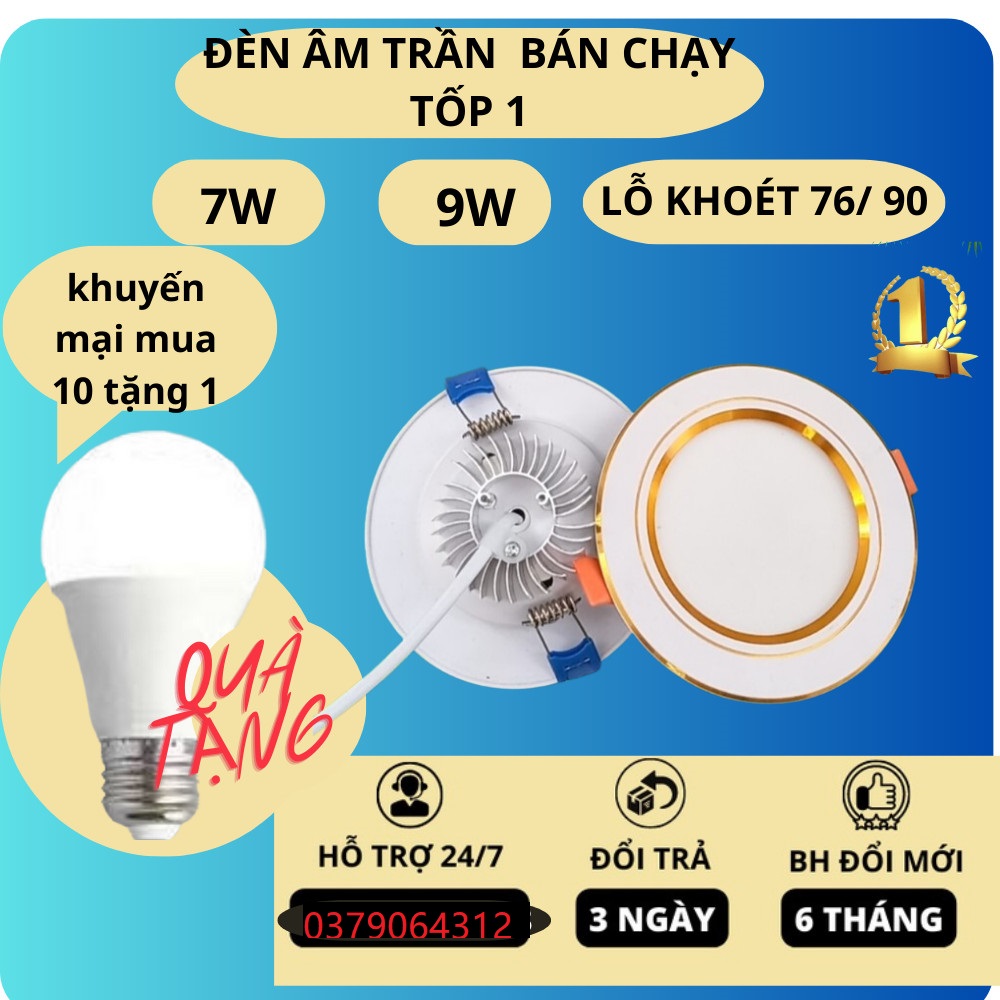 Đèn led âm trần, bóng đèn mắt trâu 7w 9w 3 màu đế tản liền thể phi 90mm