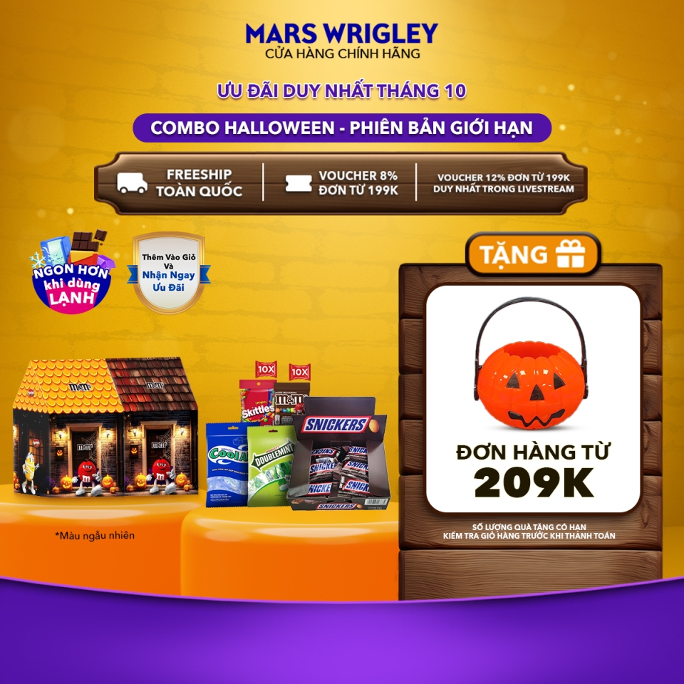 ĐẠI TIỆC KẸO MA THUẬT - 1 Túi Cool-Air 50 gói + 10 gói Kẹo socola M&M's vị sữa 14.5g + 10 gói kẹo trái cây Skittles 15g + Hộp kẹo socola Snickers 12 thanh 20g và 1 Túi kẹo ngậm DoubleMint 30 gói halloween