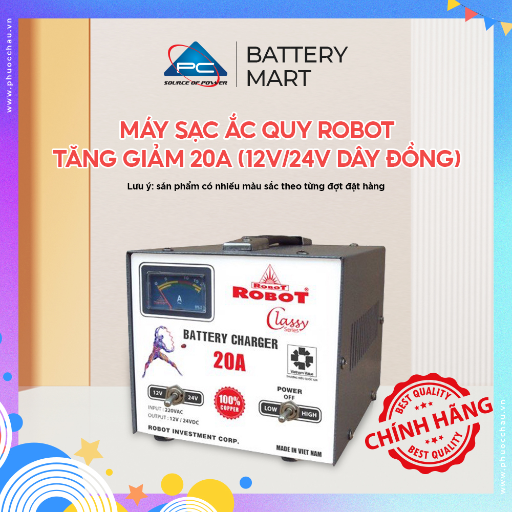 MÁY SẠC ẮC QUY ROBOT TĂNG GIẢM 20A (12V-24V, DÂY ĐỒNG)