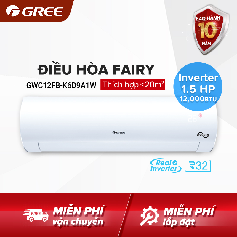 [Trả góp 0%]Điều hòa GREE- công nghệ Real Inverter - 1.5 HP (12000 BTU) - FAIRY GWC12FB-K6D9A1W (Trắng) - Hàng phân phối chính hãng