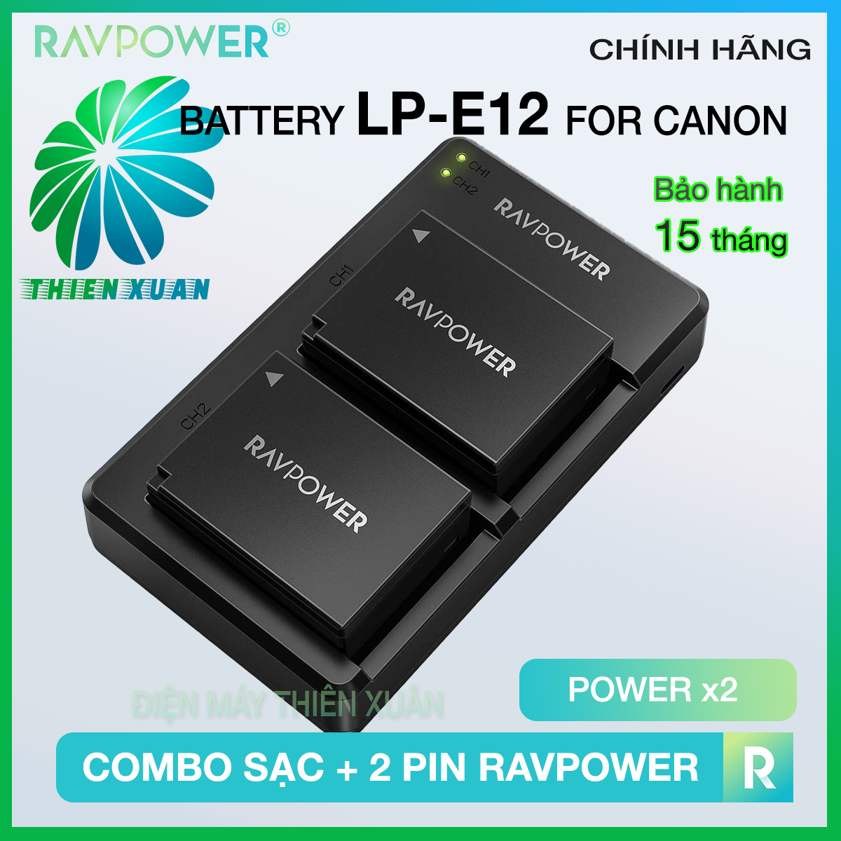 Bộ 2 Pin LP-E12 + Sạc Đôi RAVPower Cho Canon EOS M10, EOS M6, EOS M50, EOS M100, EOS M200, EOS 100D, EOS 200D, EOS 250D