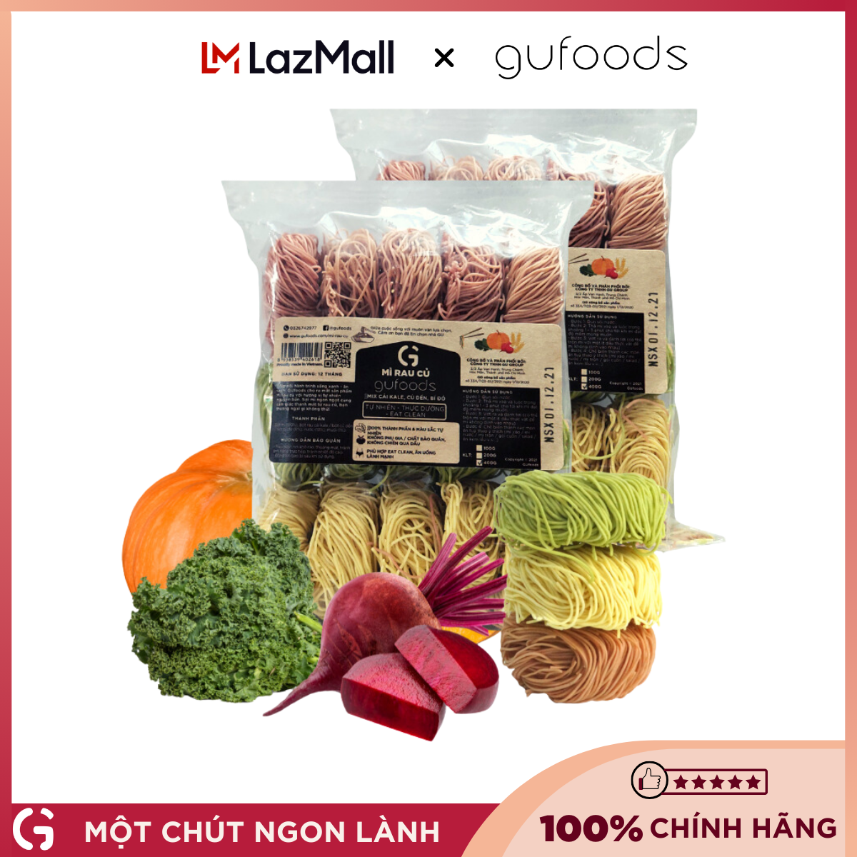 Combo 2 Mì rau củ GUfoods (mì mix / mì cải kale) - Giàu chất xơ, Tự nhiên