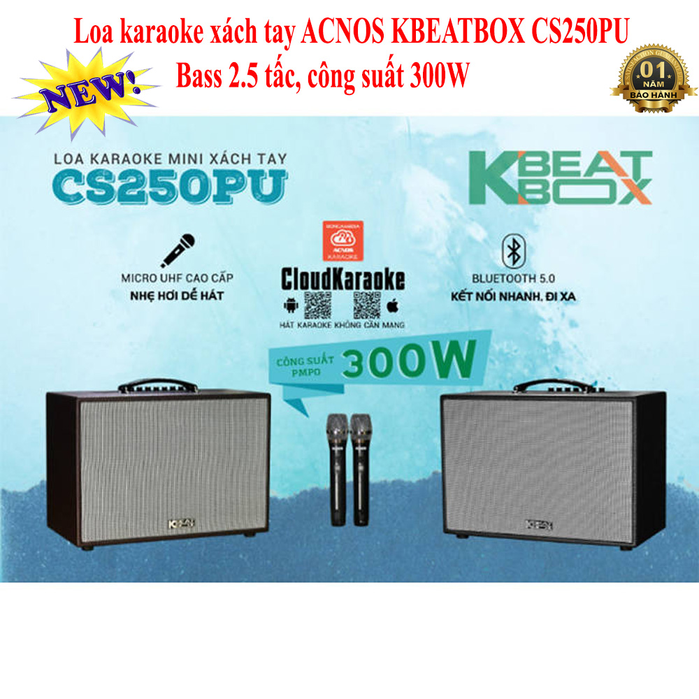 [HCM]Loa Karaoke xách tay ACNOS KBEATBOX CS250PU Bass 2.5 tấc Công suất 300W Dàn Karaoke di động tiện lợi Hát Karaoke không cần mạng với App Karaoke Kết nối Bluetooth 5.0 USB Thiết kế sang trọng tiện lợi Kèm 2 Micro không dây UHF