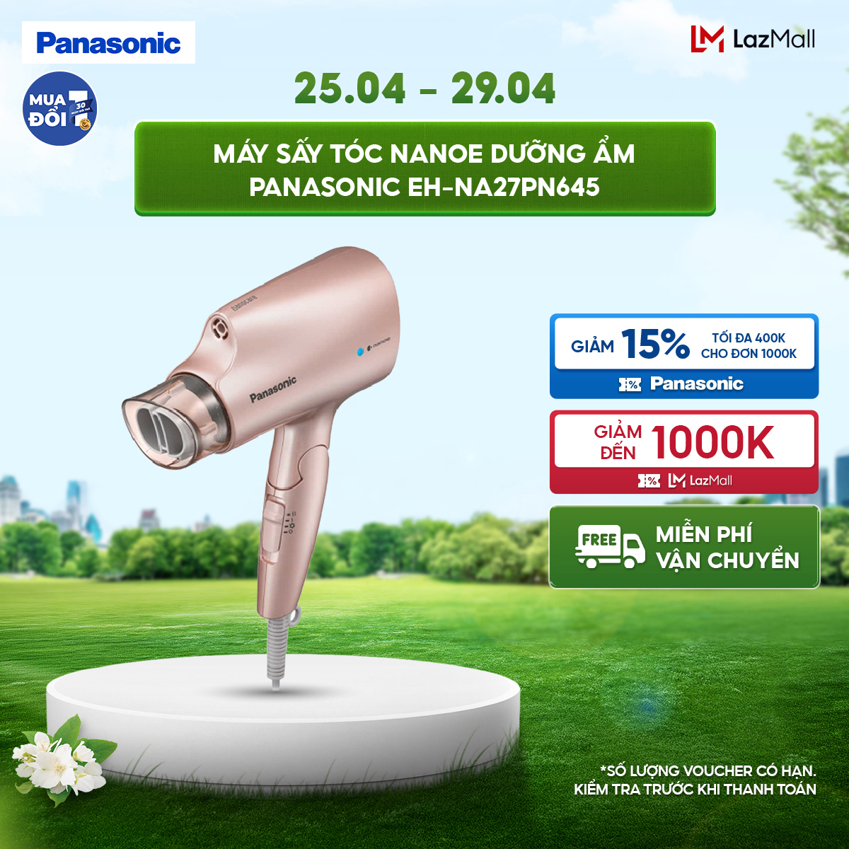Máy sấy tóc Nanoe dưỡng ẩm, chăm sóc tóc và da đầu Panasonic EH-NA27PN645 – Thiết kế thời trang - Tay cầm gập gọn, dễ dàng mang theo - Công Suất 1200W - Hàng Chính Hãng - Bảo hành 1