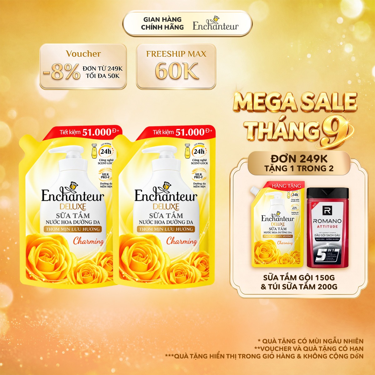 Combo 2 túi sữa tắm dưỡng da hương nước hoa hương Enchanteur Charming/ Sensation 450gx2