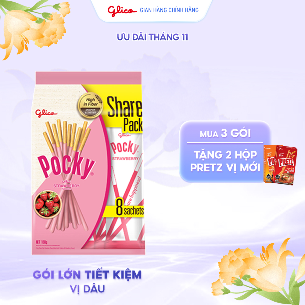  Gói lớn tiết kiệm - Bánh Que Glico Pocky Vị Kem Dâu  168g Túi 8 gói  