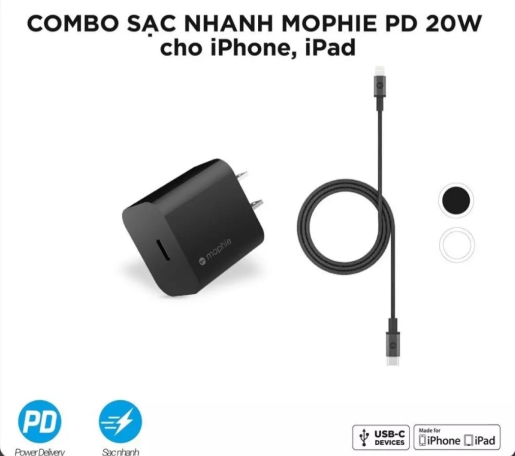 Combo sạc nhanh mophie power delivery 20w usb -c - cáp usb - c to lighting 1m cho iphone/ ipad- pkshopvn