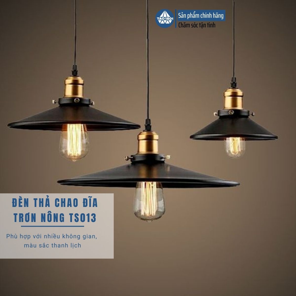 Đèn thả chao đĩa trơn nông ta7673 tao1501 chao sắt sơn tĩnh điện đui mạ đồng dáng cổ điển trang trí quán cafe, nhà hàng, quán ăn