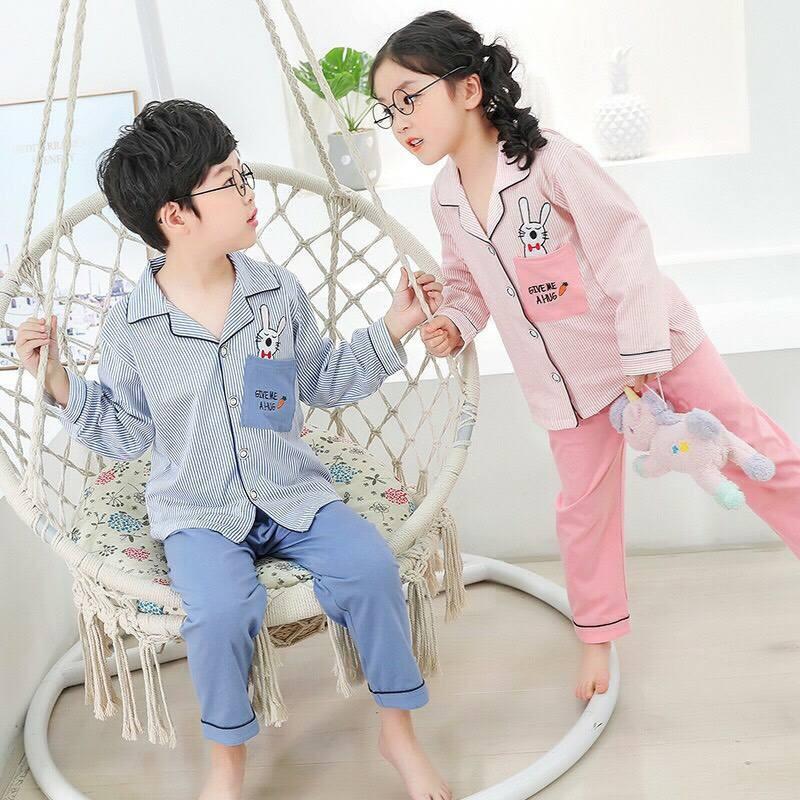 [HCM]Bộ thun Pyjama sọc thỏ xinh cho bé trai bé gái 9-43Kg - 2 màu