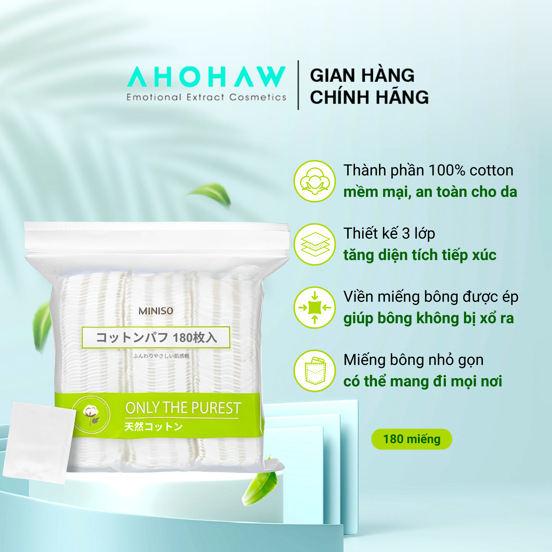 Bông tẩy trang miniso only the purest nhật bản 100% cotton túi 180 miếng