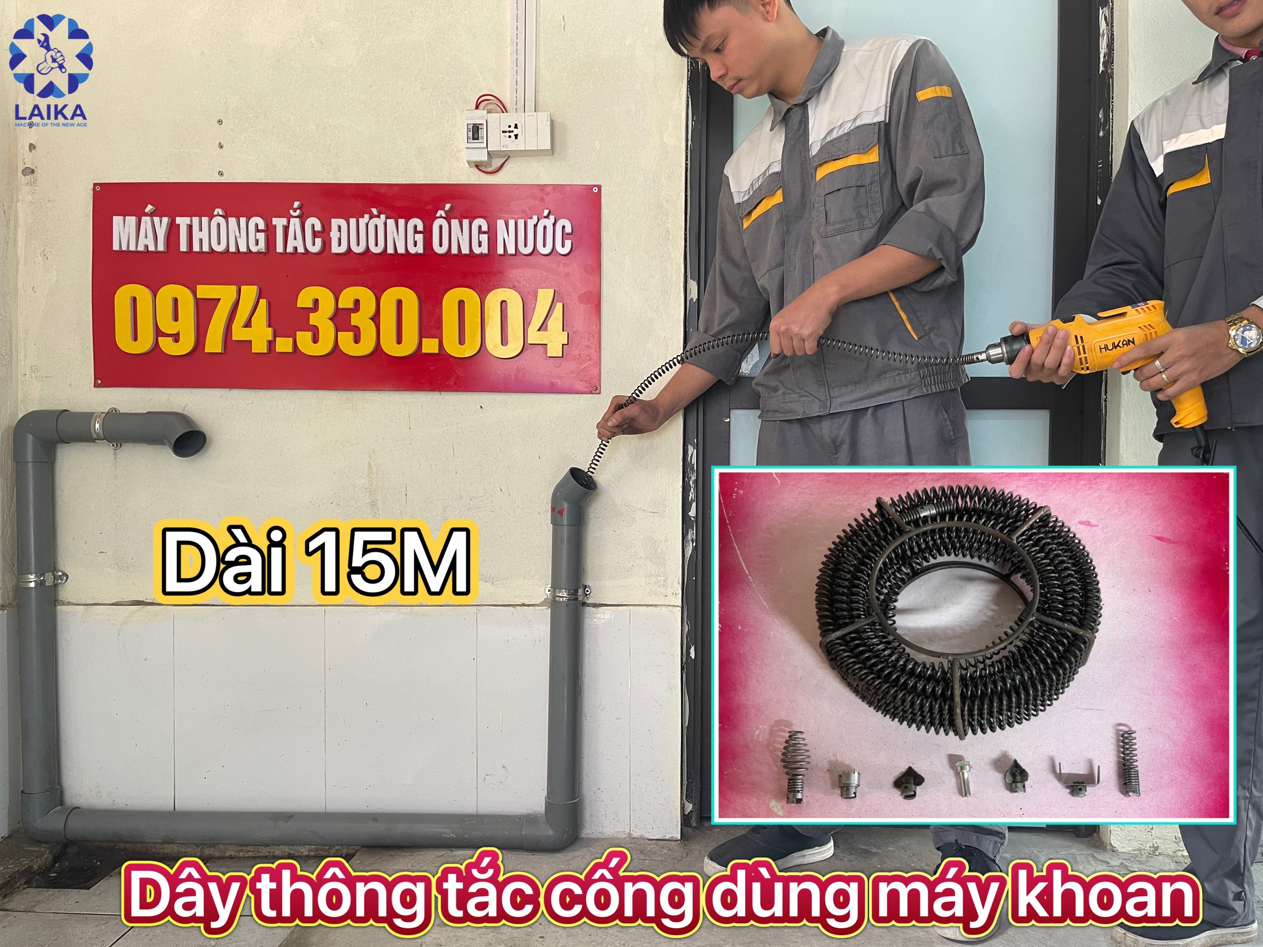 Dây thông tắc cống dùng máy khoan dài 15m + 6 đầu thông + kết nối máy khoan